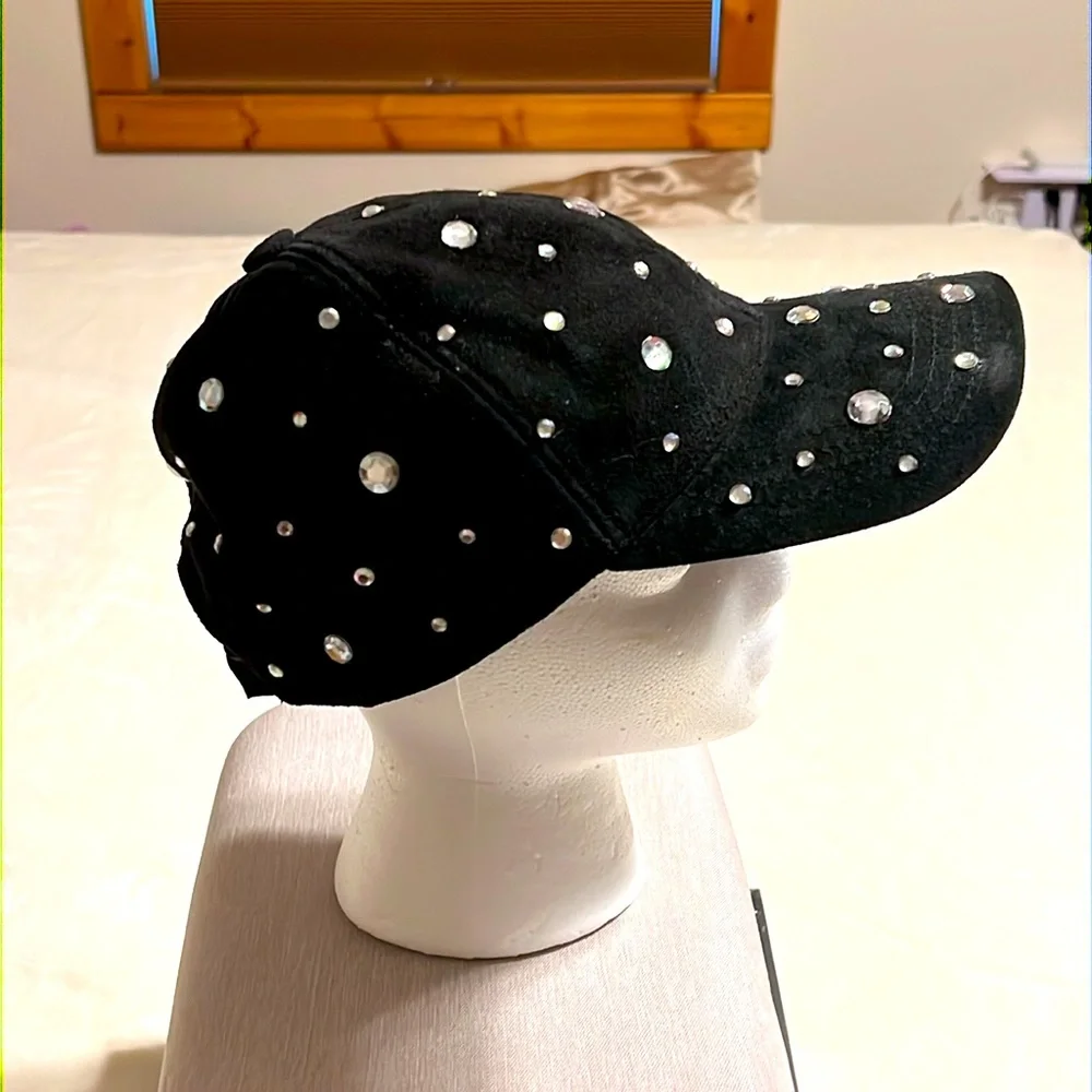 Black Suede Rhinestone Studded Baseball Cap. NWOT. One size fits all. Leather.